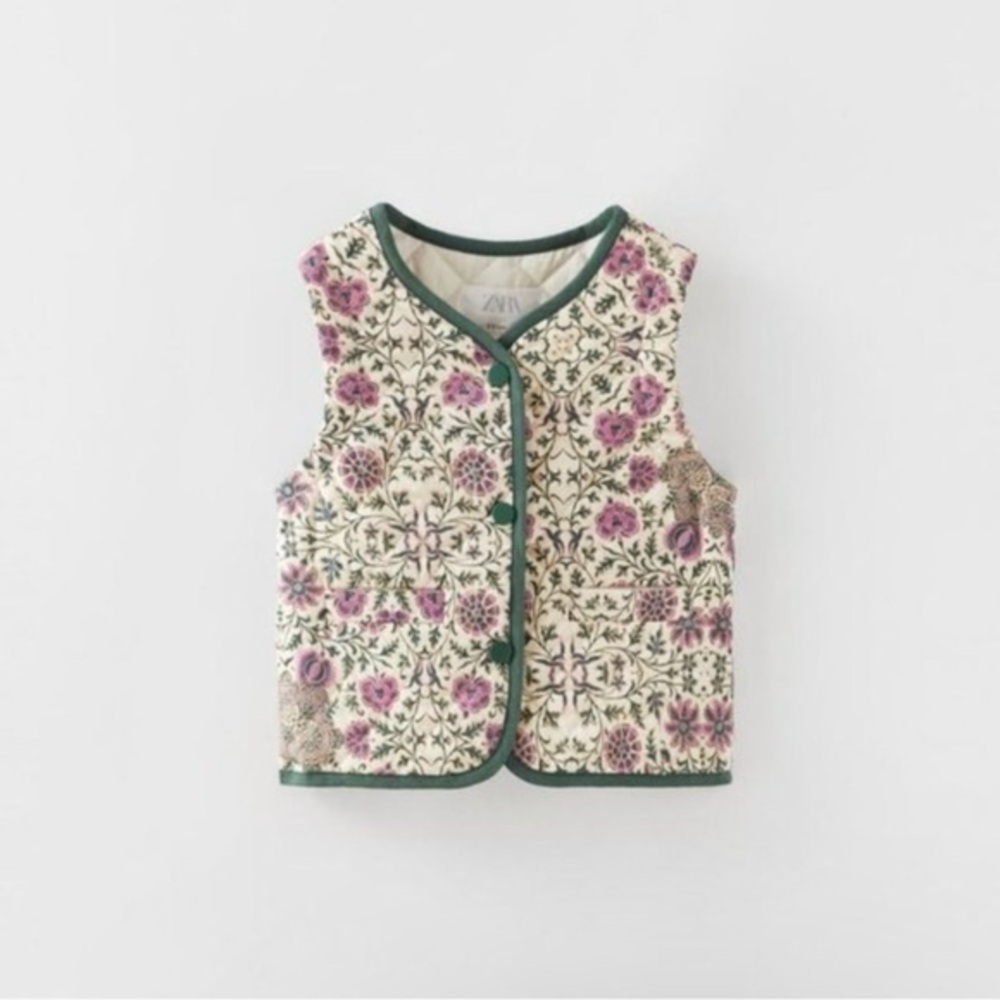 ZARA‎ KIDS FLORAL PRINT QUILT VEST Green Size 4-5Y NWOT